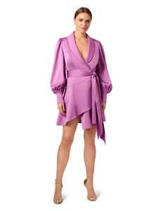 Liv Foster Long Sleeve Collared Wrap Dress With Self Tie Waist In Smokey Iris