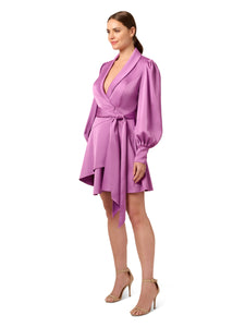 Liv Foster Long Sleeve Collared Wrap Dress With Self Tie Waist In Smokey Iris