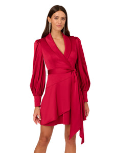 Liv Foster Long Sleeve Collared Wrap Dress With Self Tie Waist In Matador Red