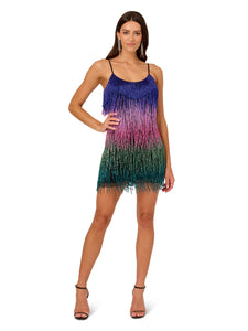 Liv Foster Ombre Beaded Fringe Cocktail Dress With Spaghetti Straps In Jewel Multi