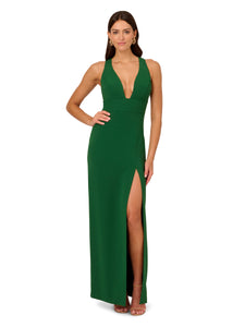 Liv Foster Crepe Column Gown With Plunging V Neck In Basil