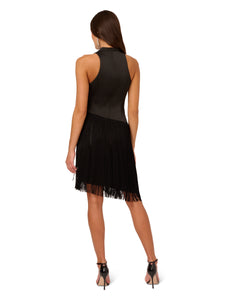 Liv Foster Mock Neck Sleeveless Midi Dress With Fringe Skirt In Black