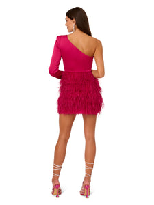 Liv Foster One Shoulder Long Sleeve Dress With Feather Skirt In Rich Magenta