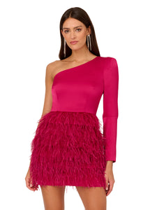 Liv Foster One Shoulder Long Sleeve Dress With Feather Skirt In Rich Magenta