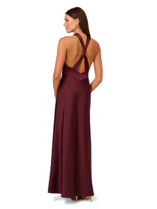 Liv Foster Satin Halter Gown With Twist Back In Bordeaux