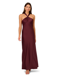 Liv Foster Satin Halter Gown With Twist Back In Bordeaux