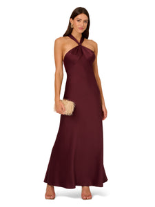 Liv Foster Satin Halter Gown With Twist Back In Bordeaux