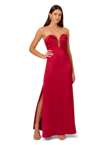 Liv Foster Strapless Pleated Satin Gown With Plunging Neckline In Matador Red