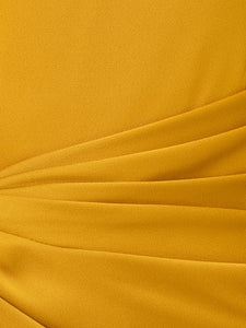 Liv Foster Pleated Satin Halter Gown With Twist Detail In Mustard