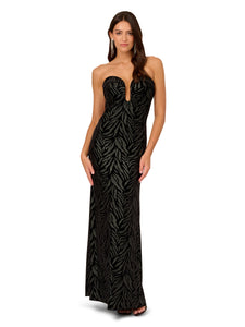 Liv Foster Metallic Leaf Strapless Gown With Plunging Neckline In Black