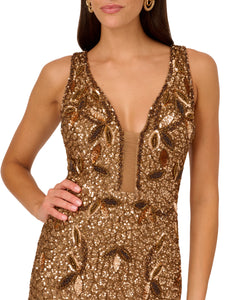 Liv Foster Sequin Beaded Mini Dress With Plunging Illusion Neckline In Antique Copper