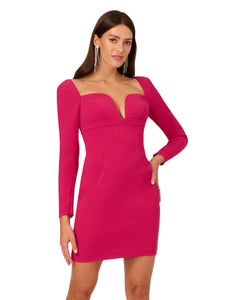 Liv Foster Long Sleeve Cocktail Dress With Notched Neckline In Rich Magenta