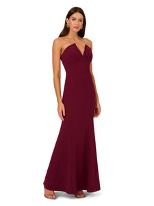 Liv Foster Strapless Mermaid Gown With Pleated Split Neckline In Mahogany