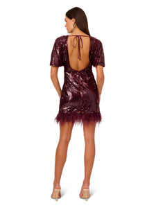 Liv Foster Flutter Sleeve Sequin Dress With Open Back And Feather Trim In Burgundy