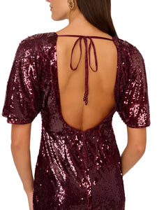Liv Foster Flutter Sleeve Sequin Dress With Open Back And Feather Trim In Burgundy