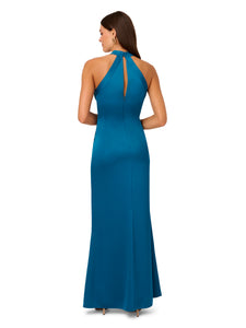 Liv Foster Cutout Halter Gown With Faux Wrap Details In Peacock