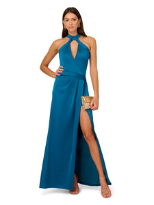 Liv Foster Cutout Halter Gown With Faux Wrap Details In Peacock