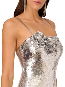 Liv Foster Sequin Dress With 3D Floral Applique In Silver