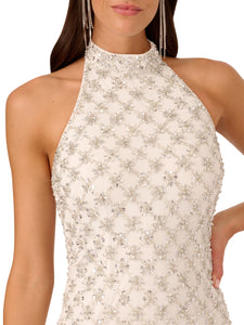 Liv Foster Sequin Beaded Halter Dress With Fringe Trim In Ivory