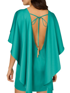 Liv Foster Liv Foster Stretch Satin Mini Cape Dress With Open Back In Teal Green