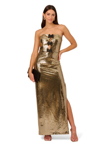 Liv Foster Metallic Knit Column Gown With Rhinestone Bow Accents In Gold