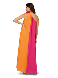 Liv Foster Liv Foster Colorblock One Shoulder Gown In Orange Pink